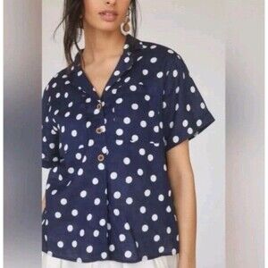 Maeve Navy Polka Dots Button Down 109% Linen Shirt Size Medium Beach Nautical
